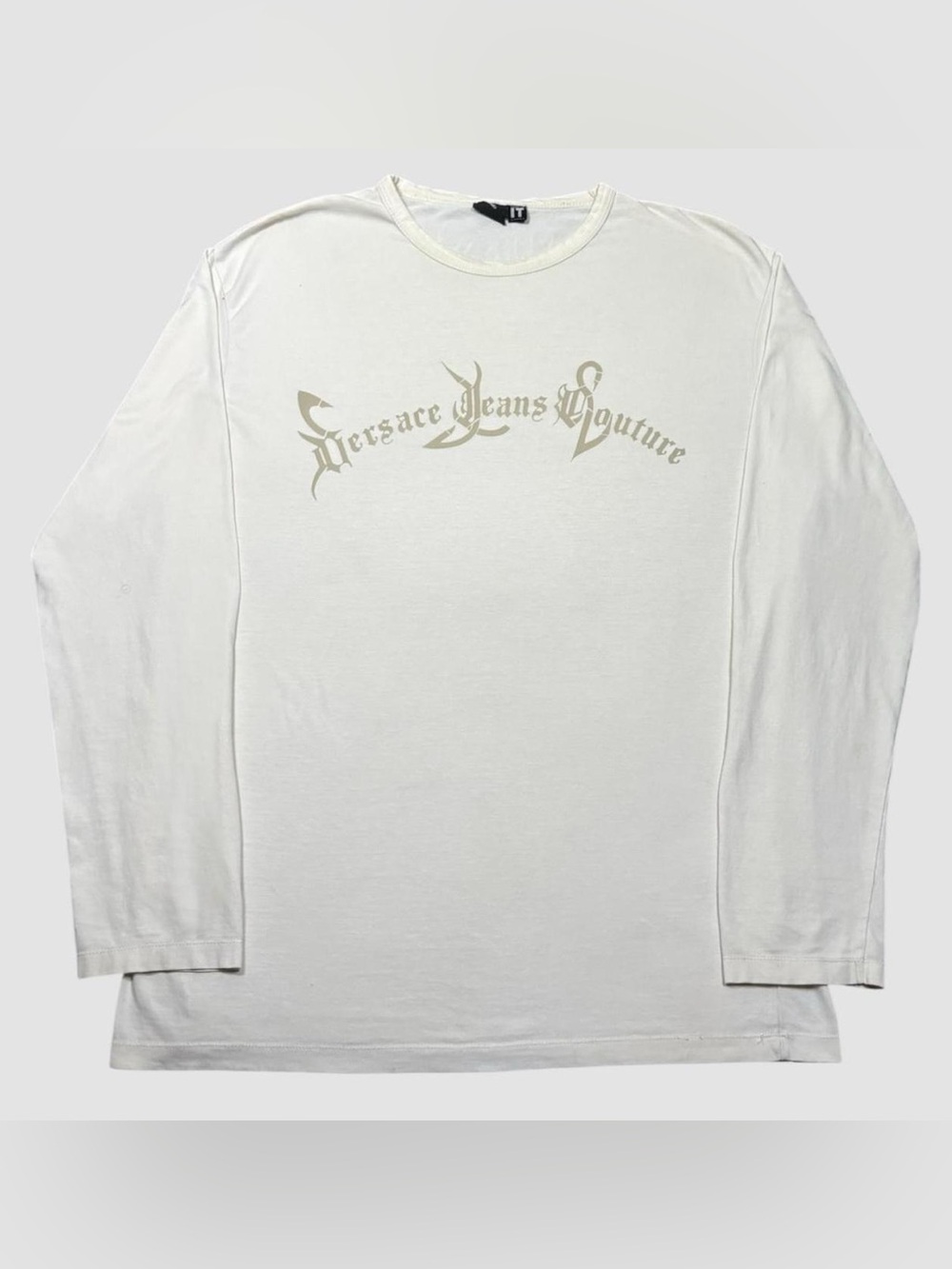 Vintage 90s Versace Jeans Couture Gothic Spellout Logo Long Sleeve Shirt Cream